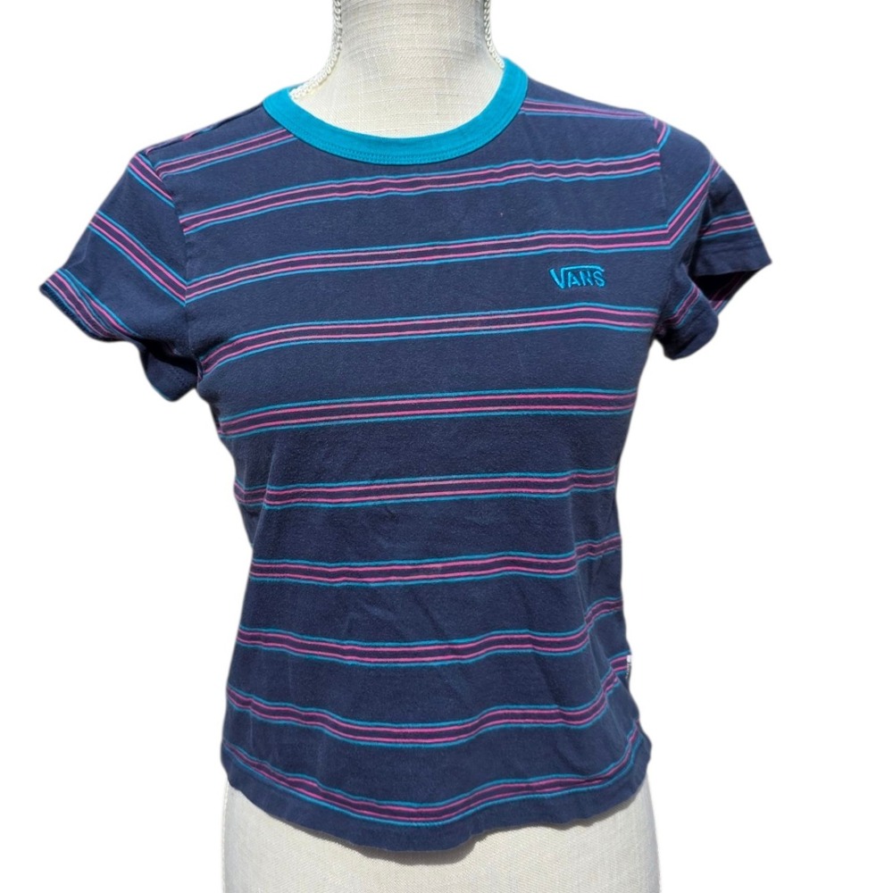 Vans Striped Small T-Shirt Womens Blue Pink Short Sleeve Casual Top